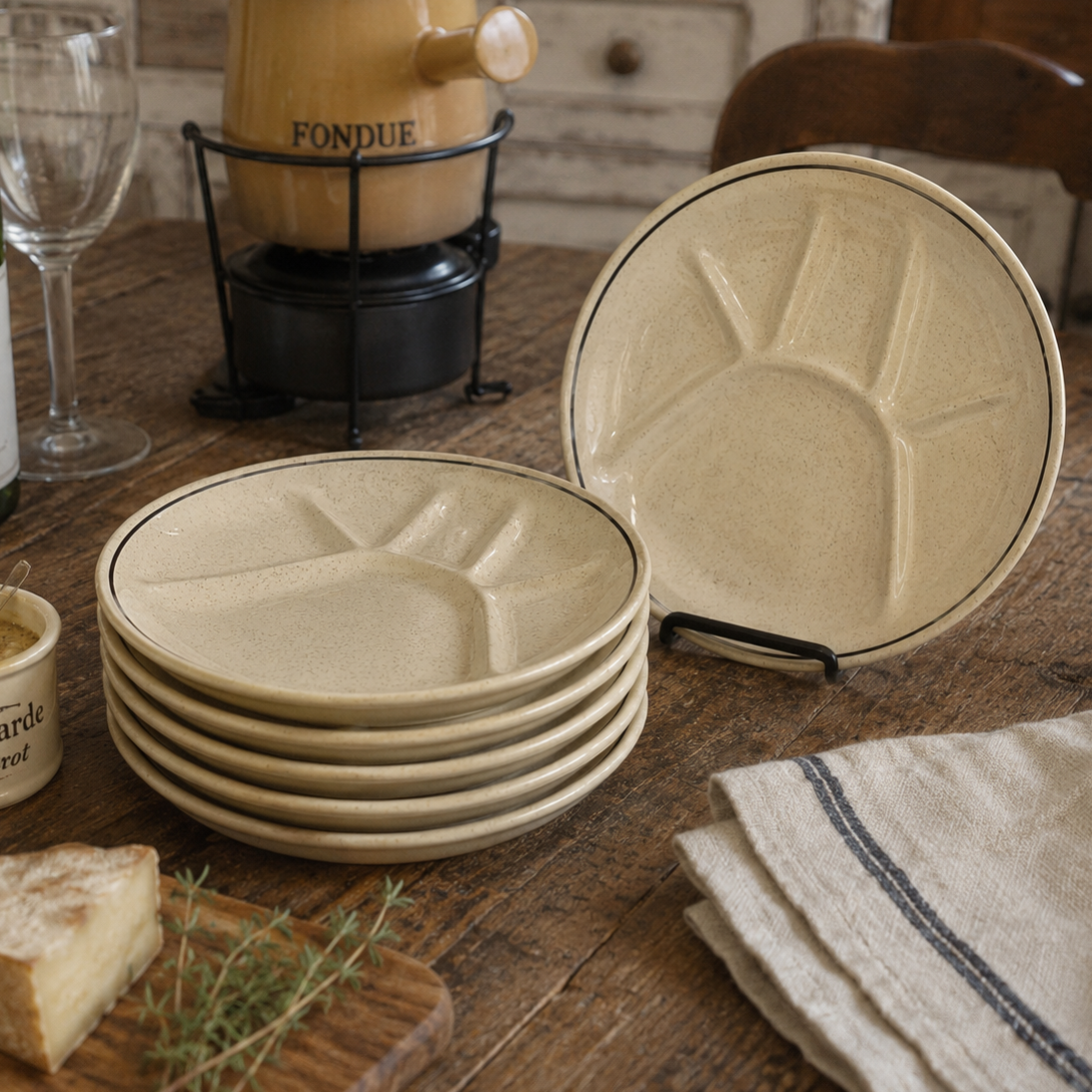 A set of ceramic fondue plates in a warm cream-beige glaze, styled on a rustic wooden table with a wine bottle, wine glass, fondue holder, bread, cheese, and a striped cloth napkin.
