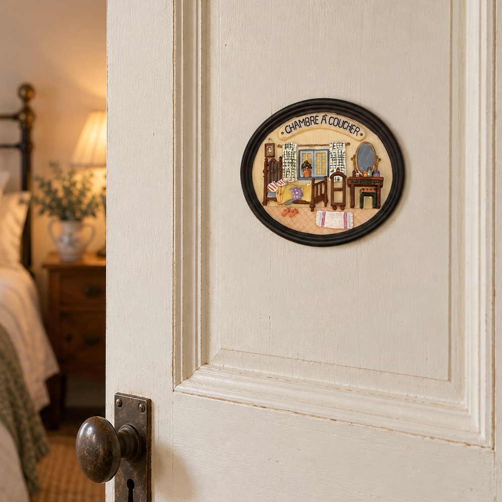 A round blue-framed decorative door plaque featuring an illustration of 'Chambre a coucher' hangs on a cream-coloured wooden door in a cosy bedroom setting.