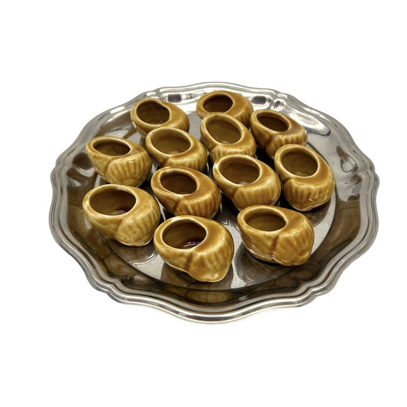12 French glazed ceramic snail pots on a silver tray with a white background sold by All Things French Store 