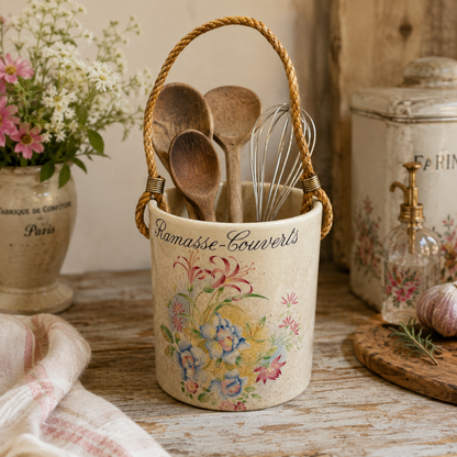 Vintage French Ceramic Utensil Pot – Floral Ramasse-Couverts with Handle