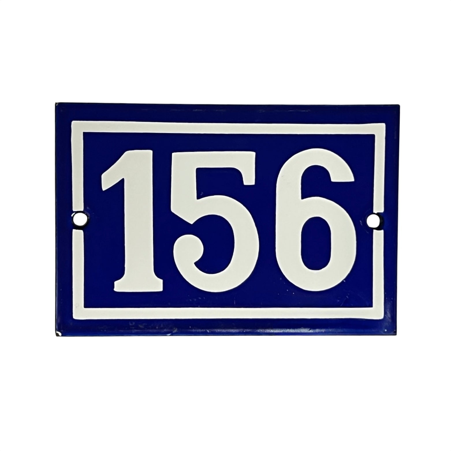 A rectangular blue house number 1plaque with white lettering and border, shown on a plain white background.6 