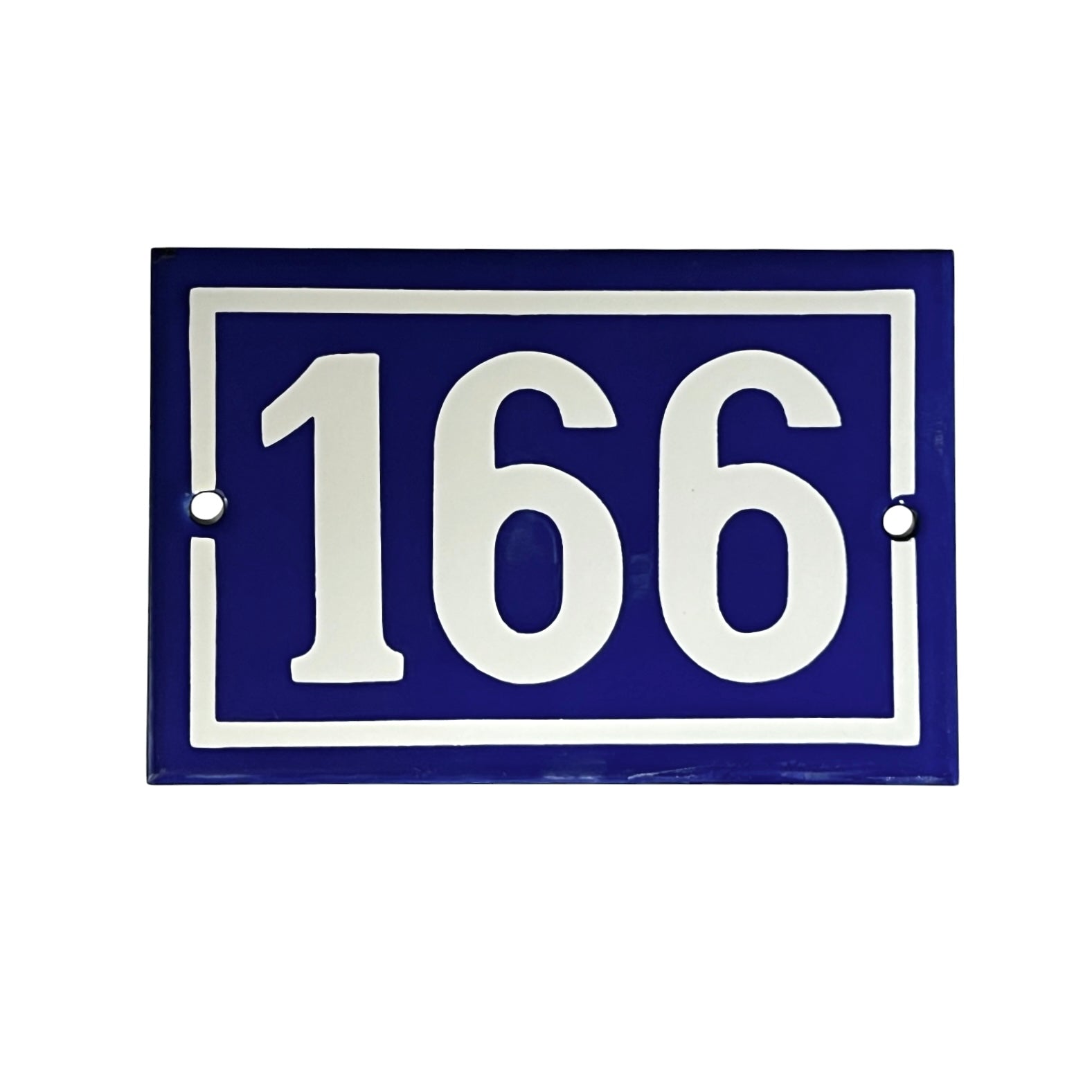 A rectangular blue house number plaque featuring the white numerals '166' inside a white border, shown on a plain white background.
