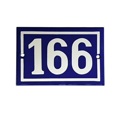 A rectangular blue house number plaque featuring the white numerals '166' inside a white border, shown on a plain white background.