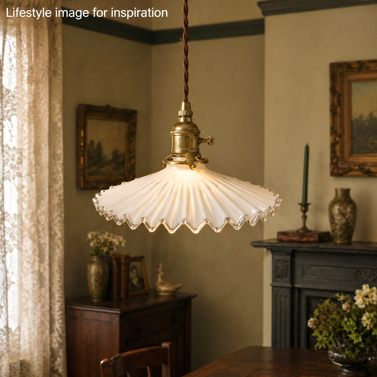 White scalloped-edge glass lampshade with brass fitting in a period living room, for antique styling or vintage home decor 
