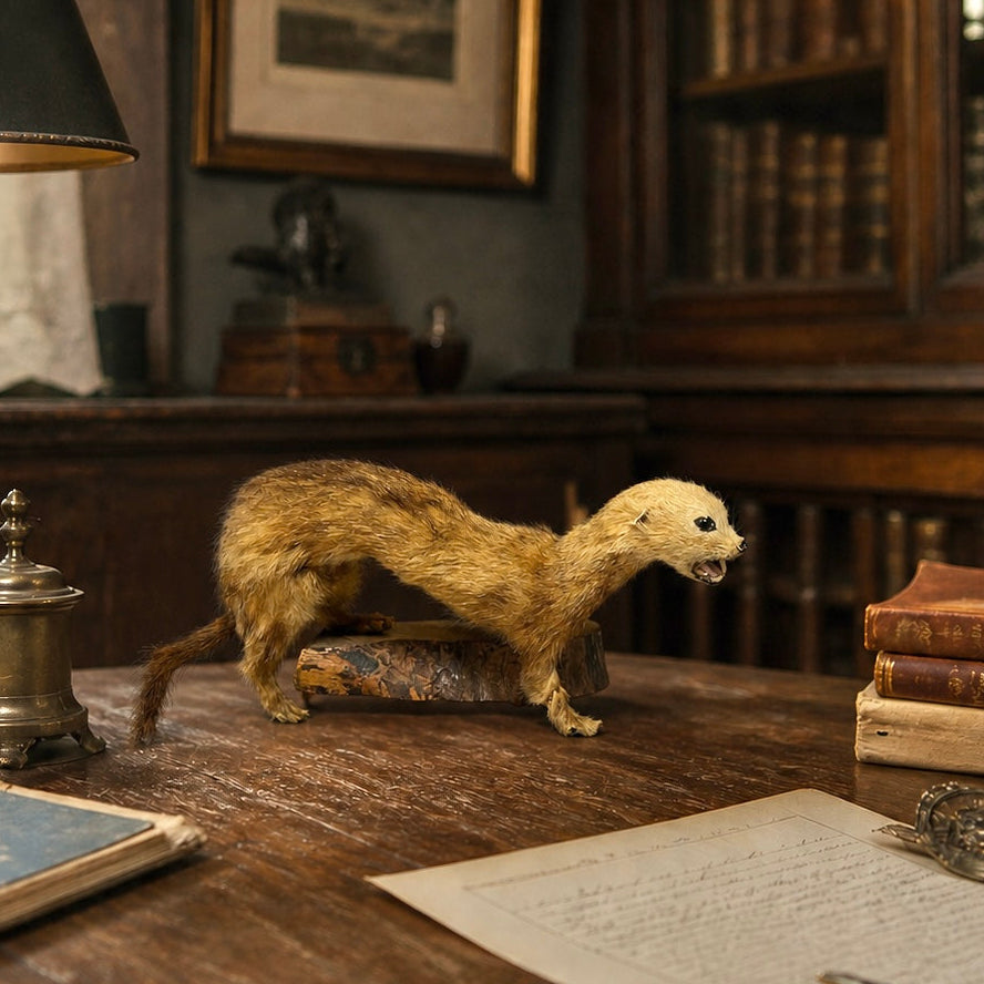 French vintage taxidermy weasel stoat mounted on a wooden block on desk in a traditional office study