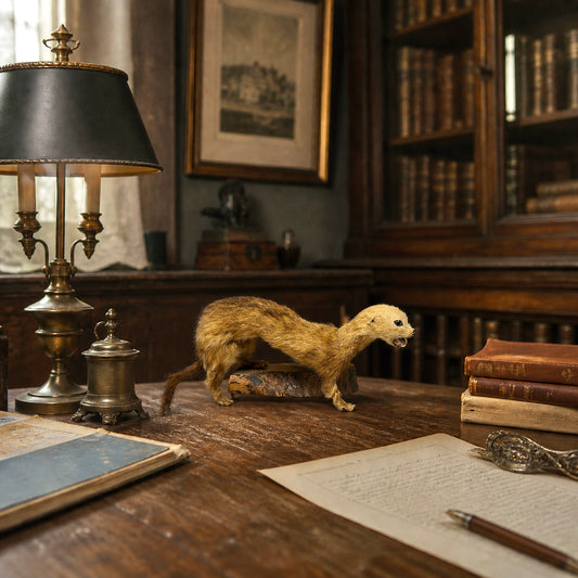 French vintage taxidermy weasel stoat mounted on a wooden block on desk in a traditional office study