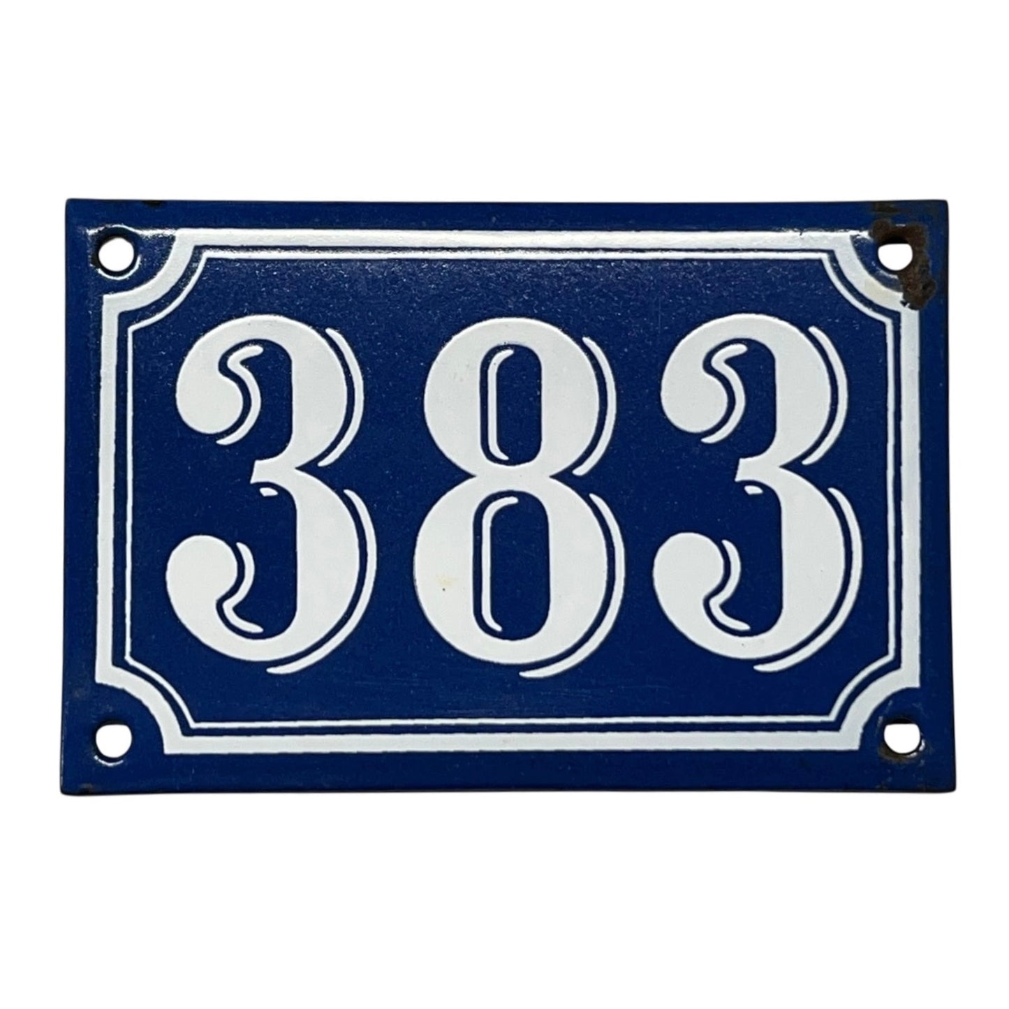 Navy blue rectangular plate with white numbers '383' on a white background
