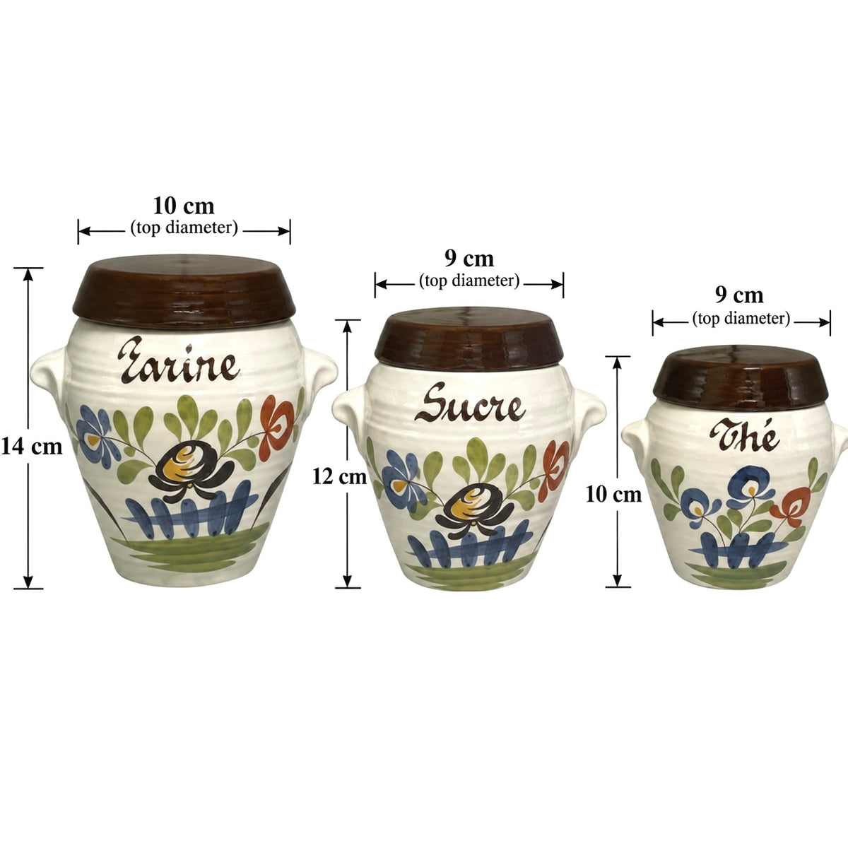 Three decorative ceramic jars with lids labeled “Cafe,” “Sucre,” and “Thé,” shown on a white background with dimension arrows and measurements for top diameter and height.