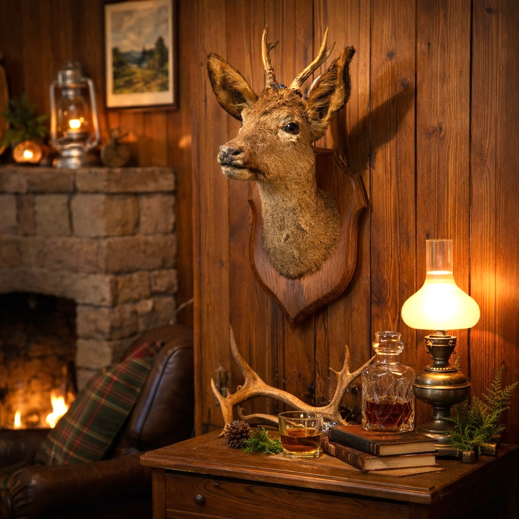 Trophied deer head on a wooden wall with a lit fireplace and lamp in the background.
