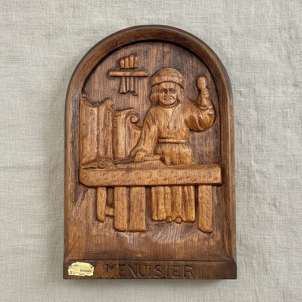 Wooden plaque with a carved figure and 'Menuisier' text on a textured beige background