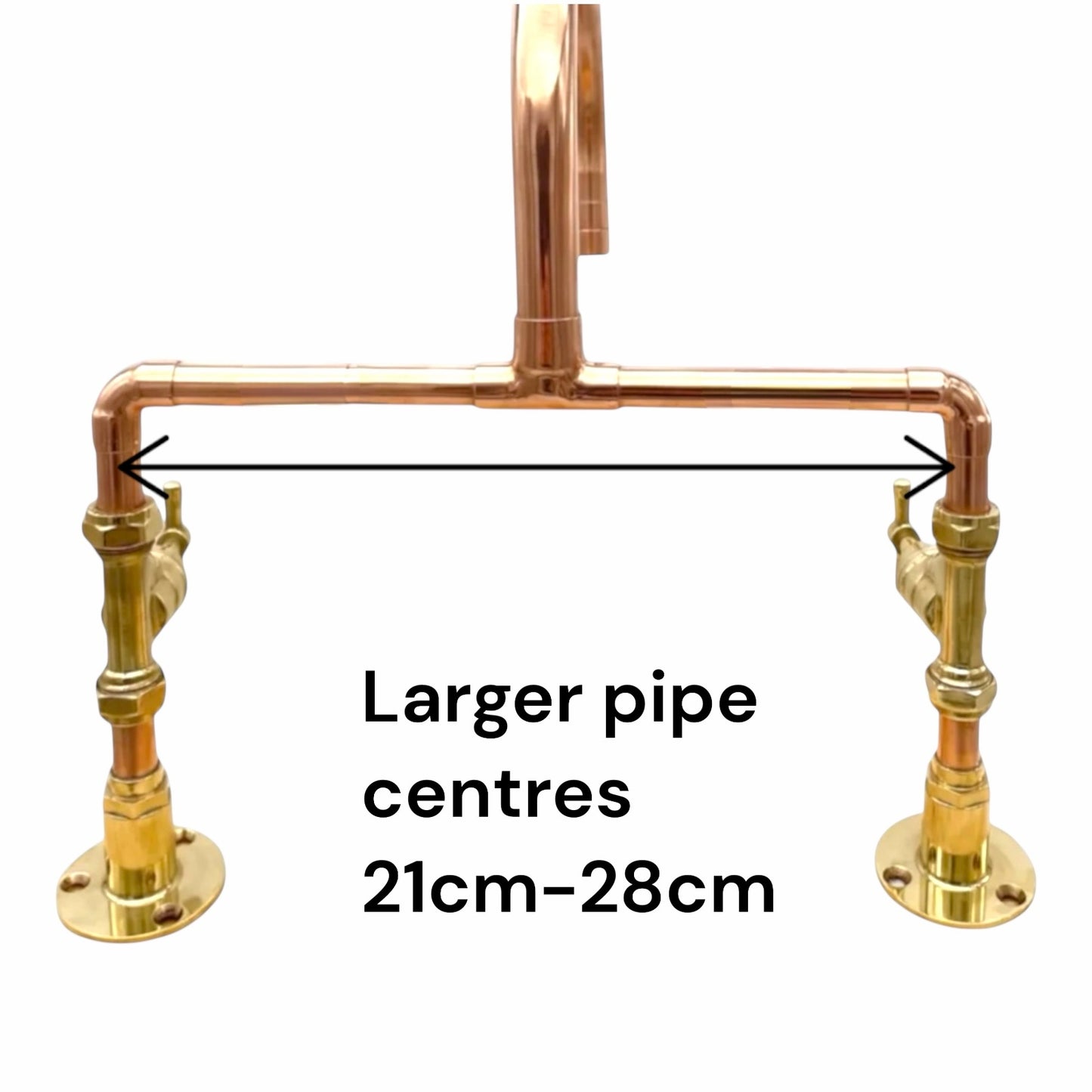 Copper and brass plumbing fixture with measurement text on a white background