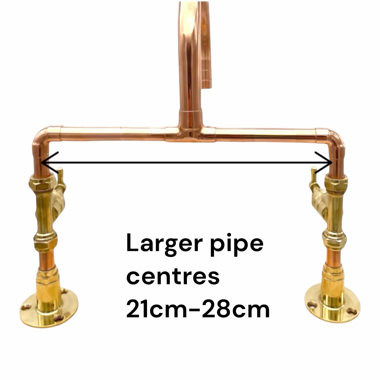 Copper and brass plumbing fixture with measurement text on a white background