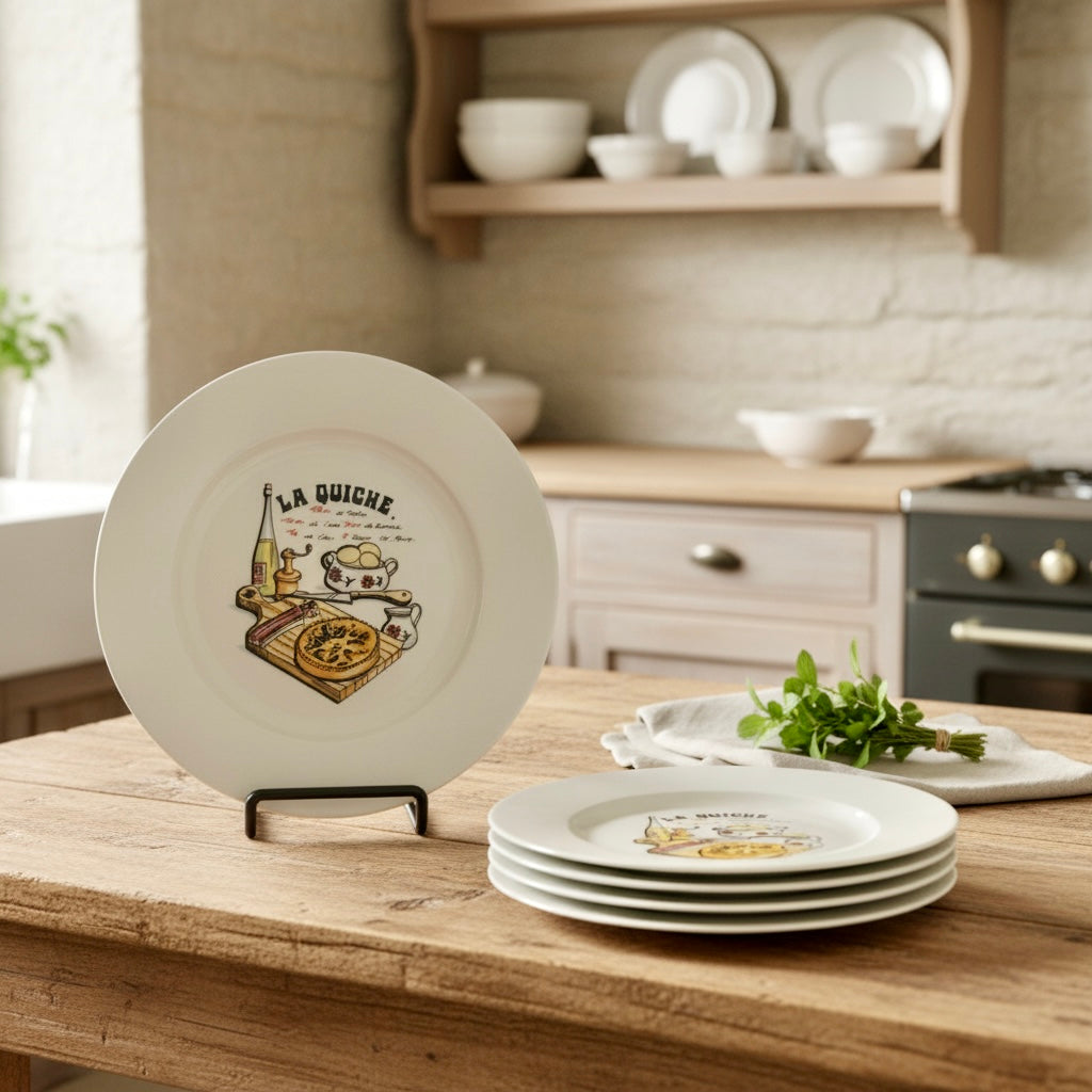 Decorative plates with a design on a wooden table in a kitchen setting