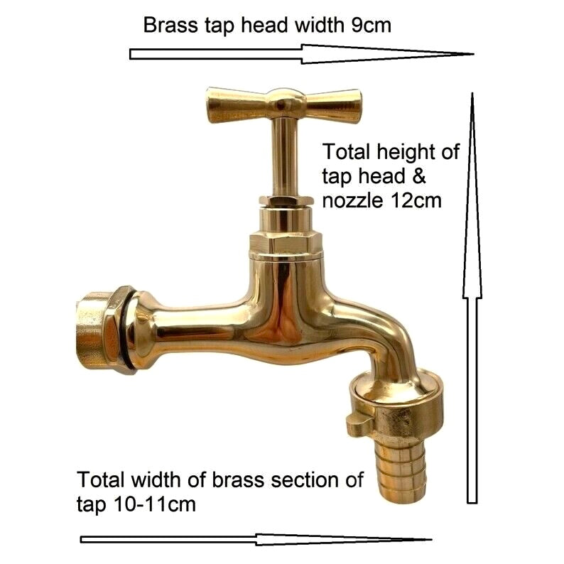 Brass tap head with measurements on a white background