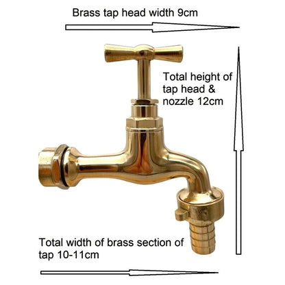Brass tap head with measurements on a white background