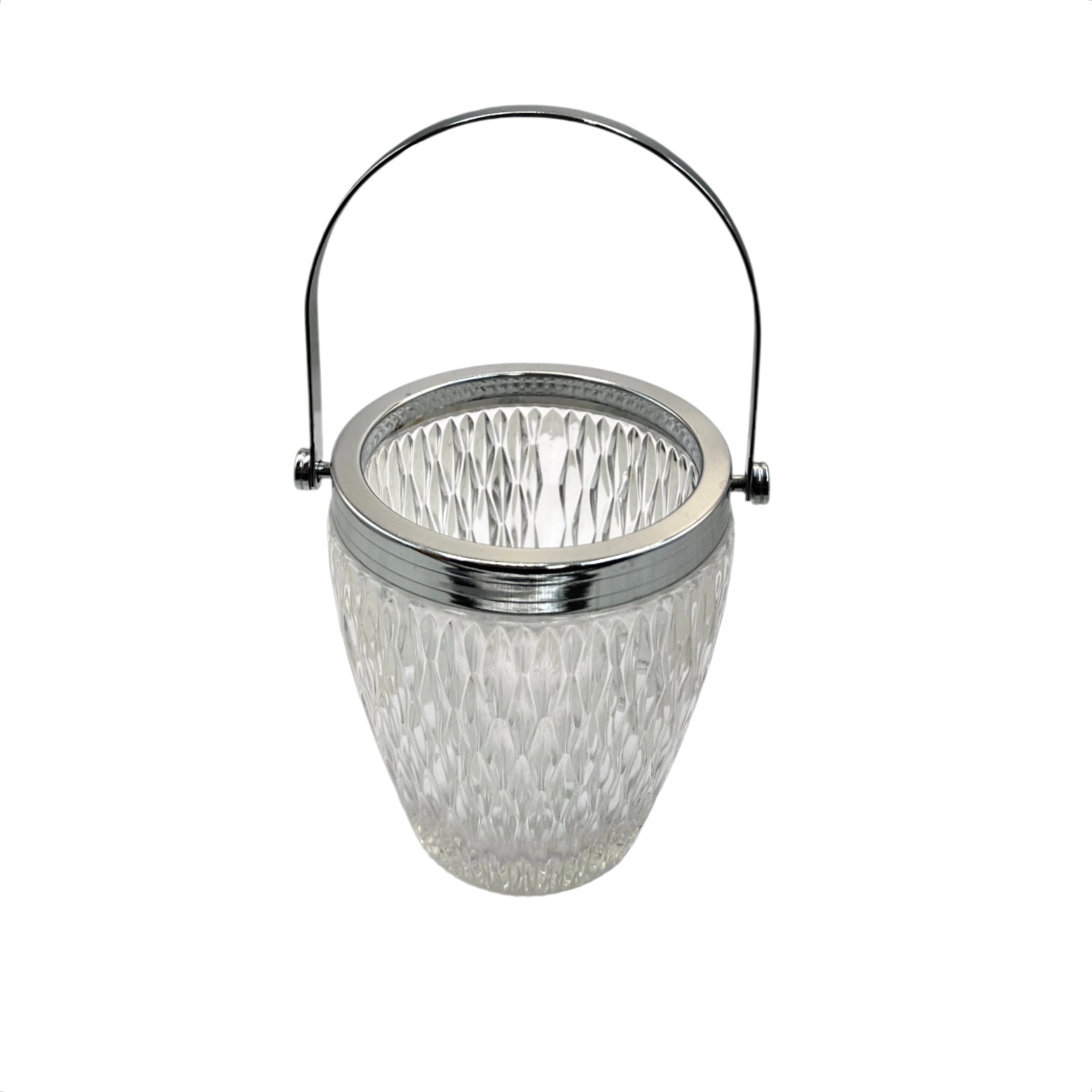French vintage glass ice bucket with a silver coloured collar and a handle on a white background 