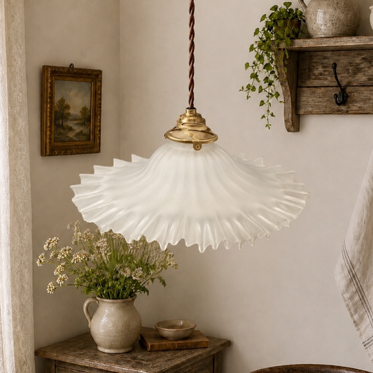 French vintage glass lampshade in a  setting 
