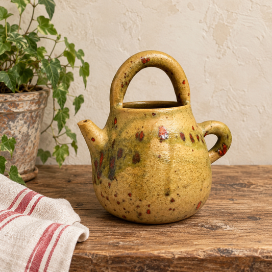 A handmade ceramic teapot with a speckled mustard yellow glaze and red accents, sitting on a rustic wooden table next to a potted plant and a striped cloth.