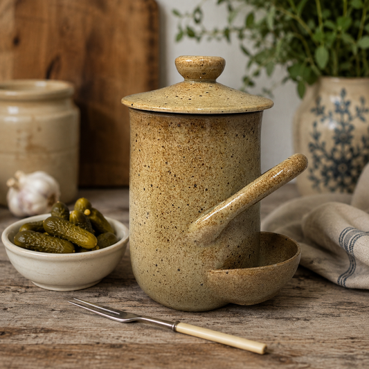 A speckled beige ceramic mason jar with a lid, integrated handle, and matching bowl, styled on a rustic wooden table with pickles, garlic, and a cloth napkin.