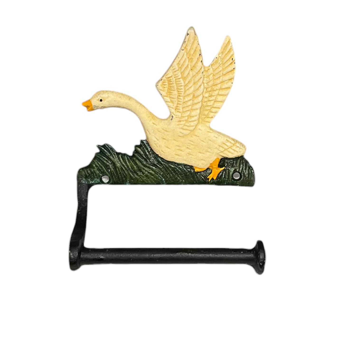 A decorative toilet roll holder shaped like a flying goose perched on a dark green base, with a black horizontal bar. The goose is cream-colored with a yellow beak and feet, set against a plain white background.