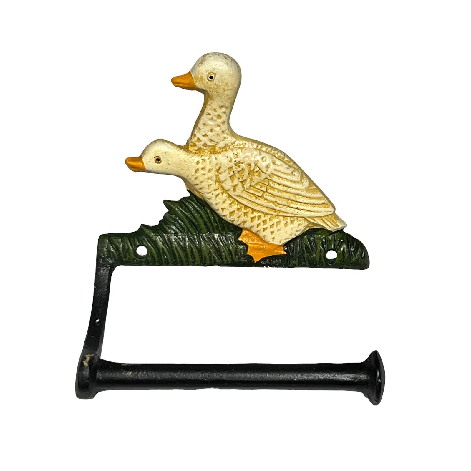 A decorative cast iron towel rack shaped like two cream-coloured geese perched on a dark green ridge, with a black horizontal bar.