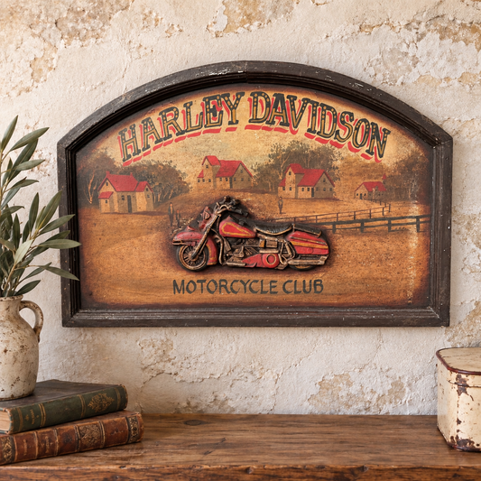 Rustic Harley Davidson wooden 3d wall picture, framed  on a wall with books and a jug of greenery, ideal for a mancave or motorcycle gift
