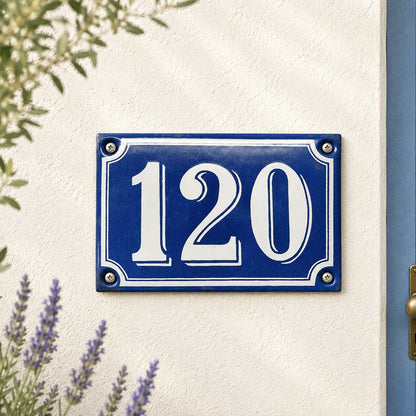 Blue house number plate with '120' on a white wall with plants around.