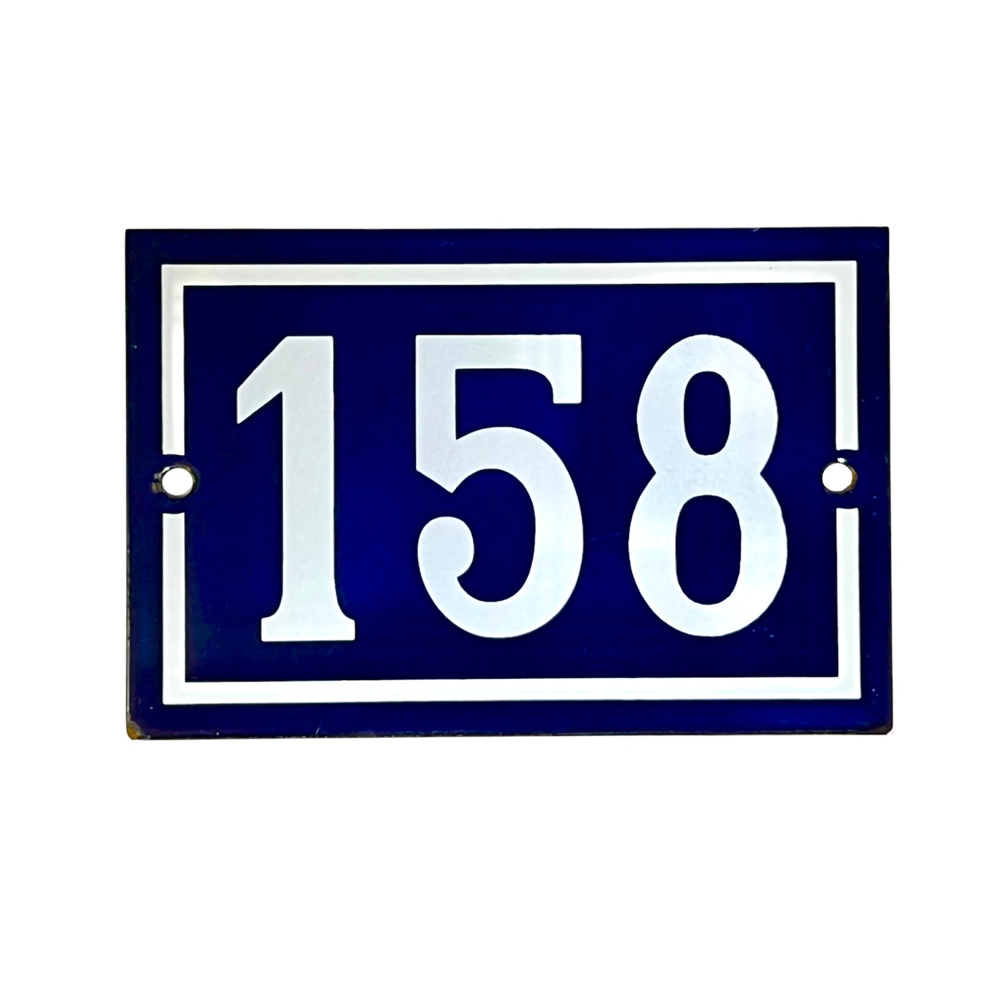A rectangular blue house number 158 plaque with white lettering and border details, shown against a plain white background.
