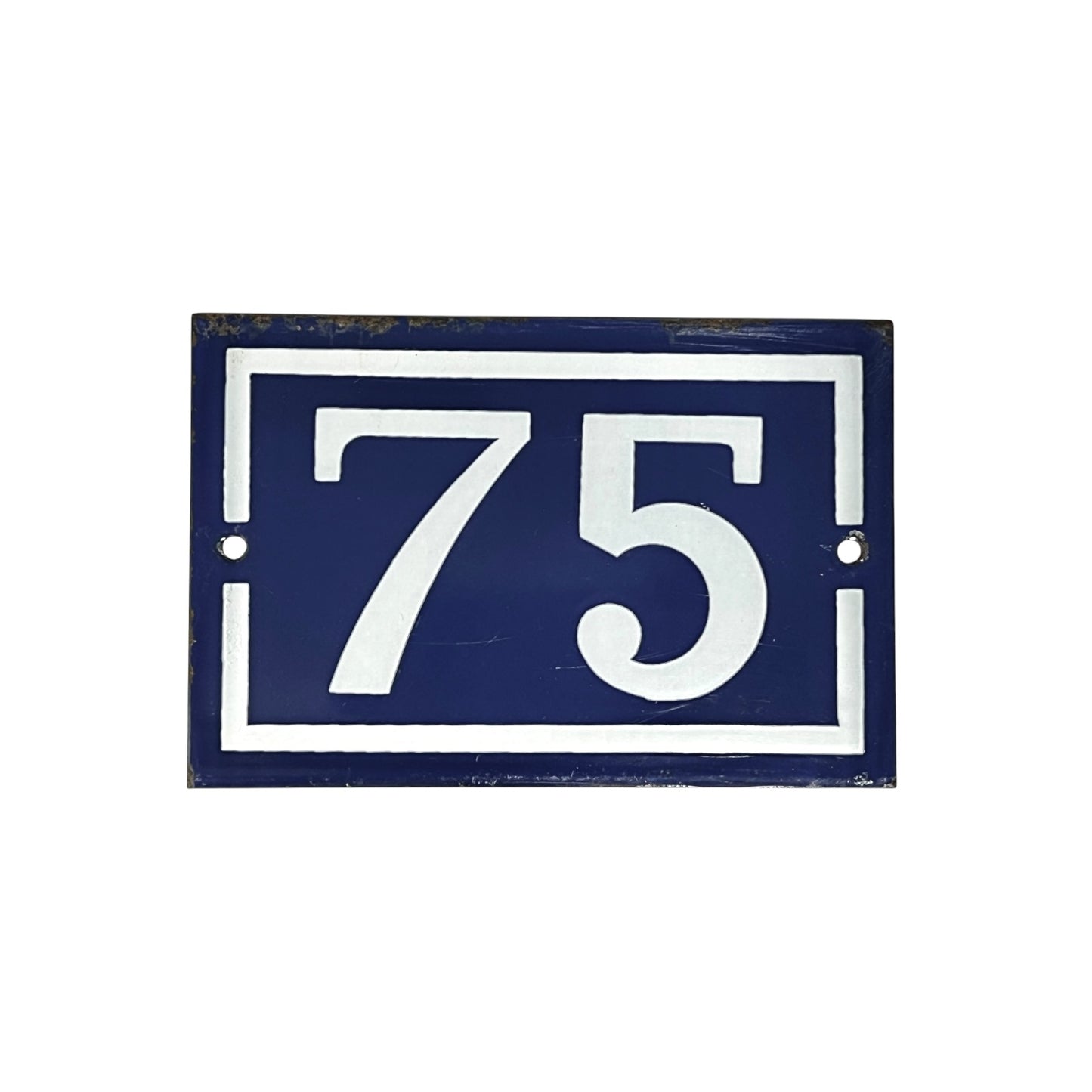 French vintage door number 75, blue with white numbers set on a white background 