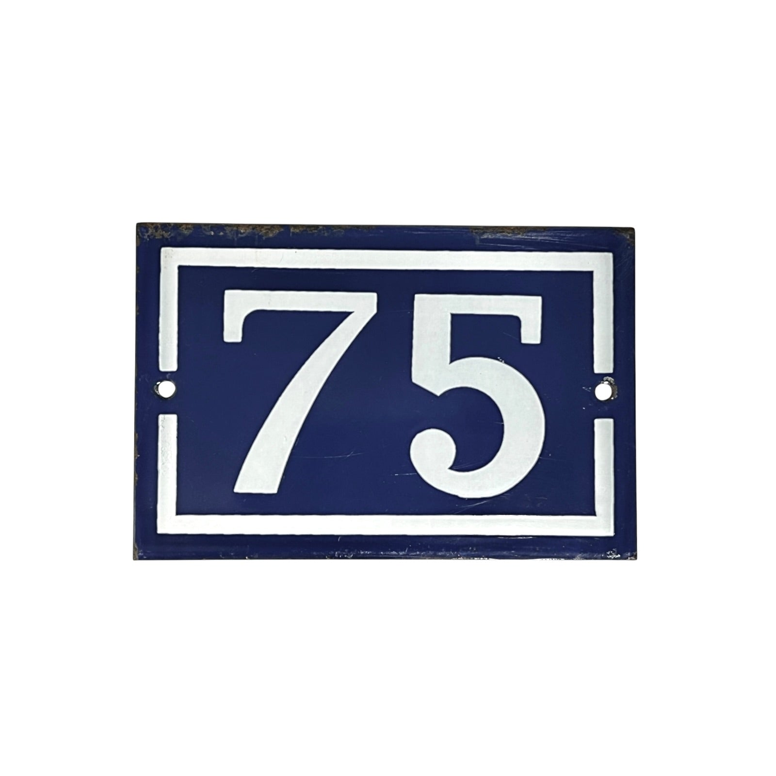 French vintage door number 75, blue with white numbers set on a white background 