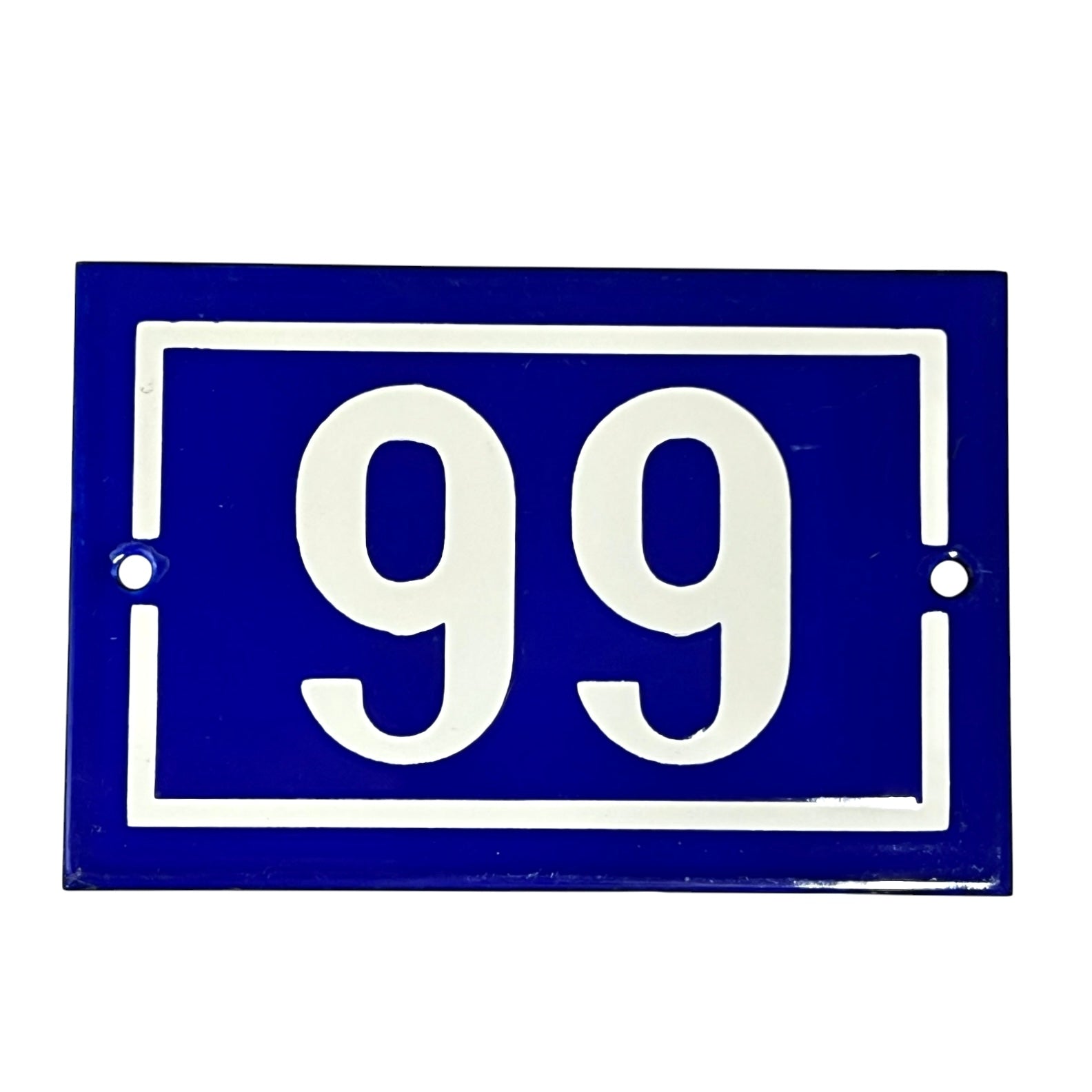 A rectangular blue house number plaque with white border and white numerals '99' in the center, shown on a plain white background.