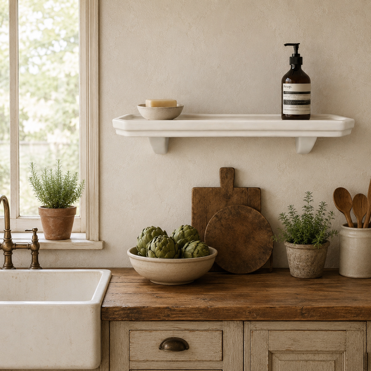 Kitchen counter with a bowl of artichokes, wooden cutting boards, and potted plants.