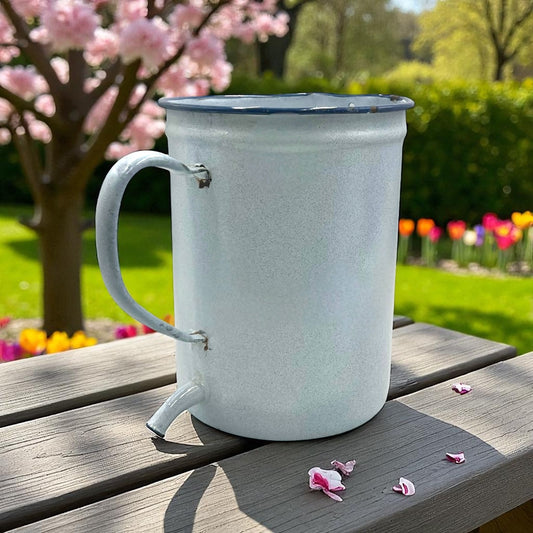 French vintage enamel planter on a wooden table in a garden 
