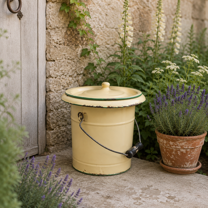 Vintage French Cream Enamel Potty Bucket – Rustic Planter or Bathroom Storage