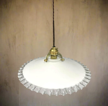 Vintage French Glass Ceiling Pendant Light, Milk Glass Hanging Lampshade (B75)