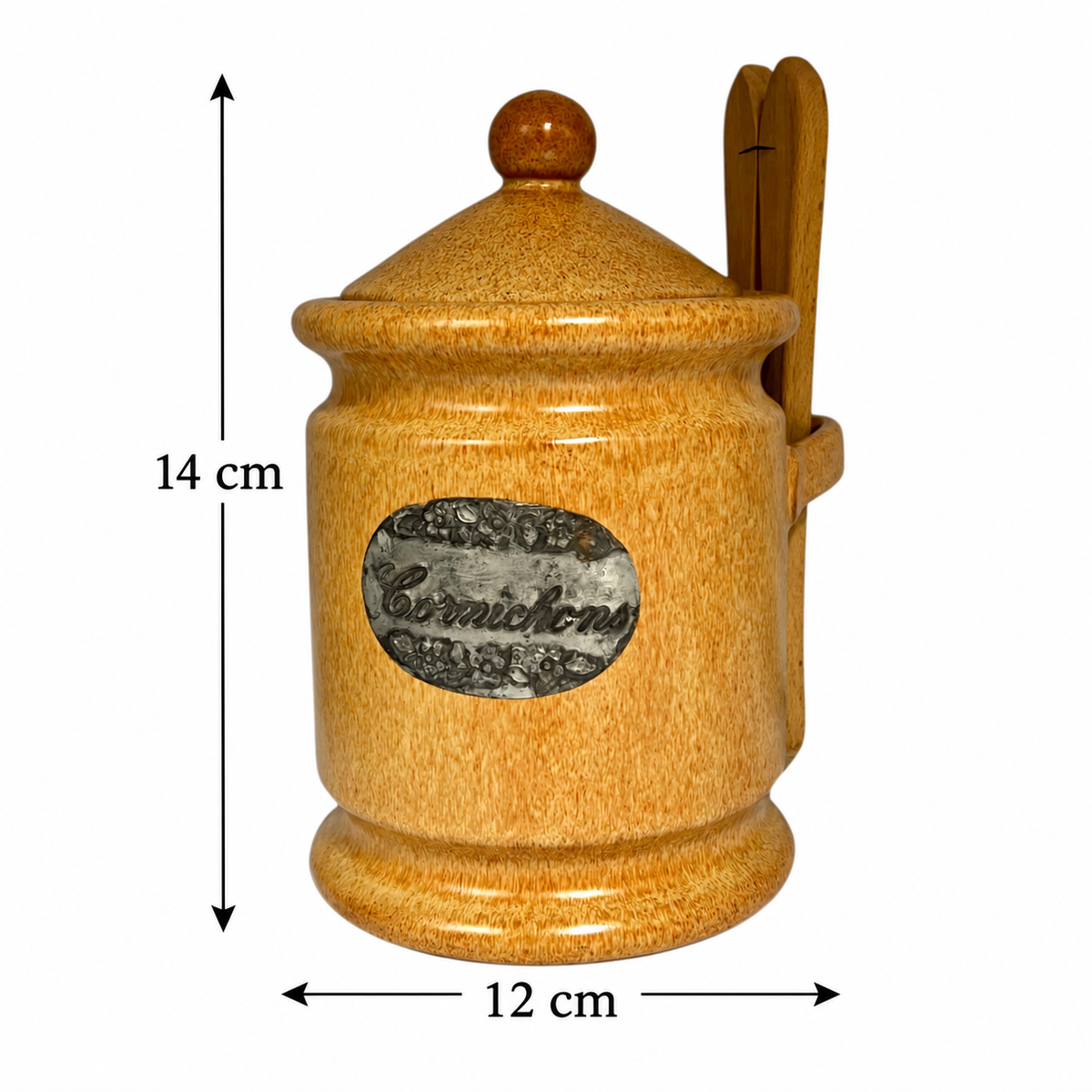 A ceramic kitchen canister with a lid and wooden tongues, shown with dimension arrows indicating a height of 14 cm and width of 12 cm on a white background.