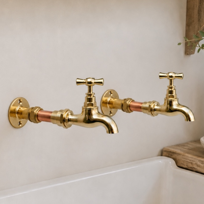 Pair of Copper and Brass Wall Mounted Kitchen Taps or Bathroom Taps