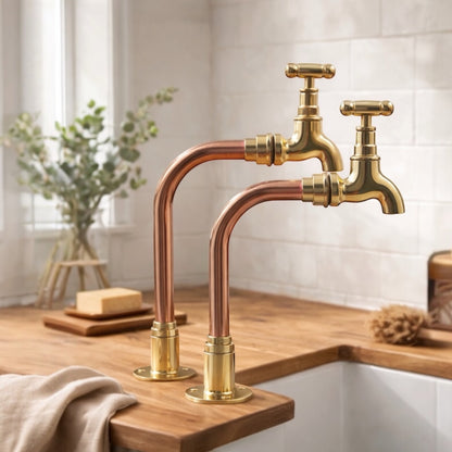 Pair of Brass and Copper Taps, Custom Size, Traditional Vintage Style (T18)