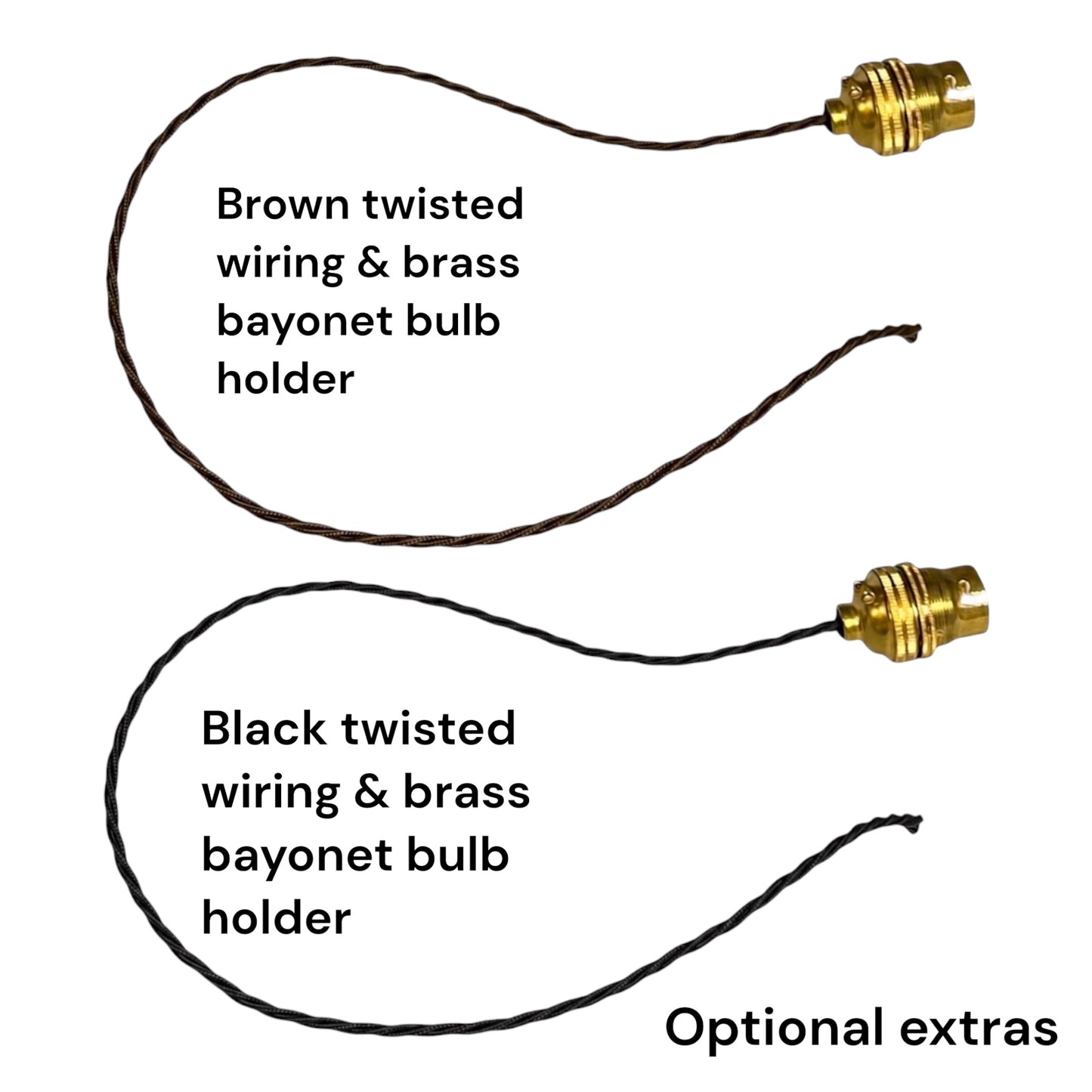 Brass bulb holders with attached wiring 
