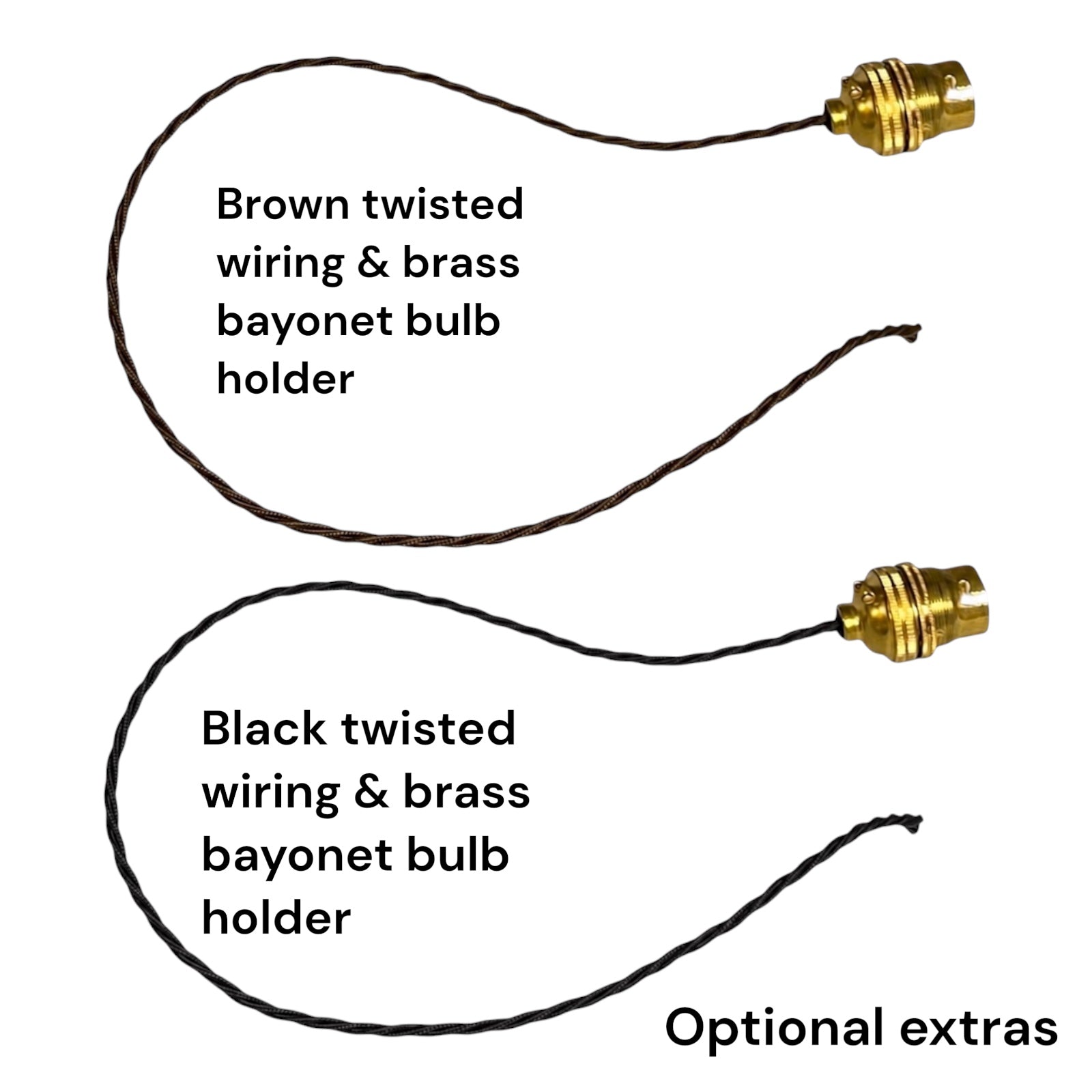 Brass bulb holders with attached wiring 