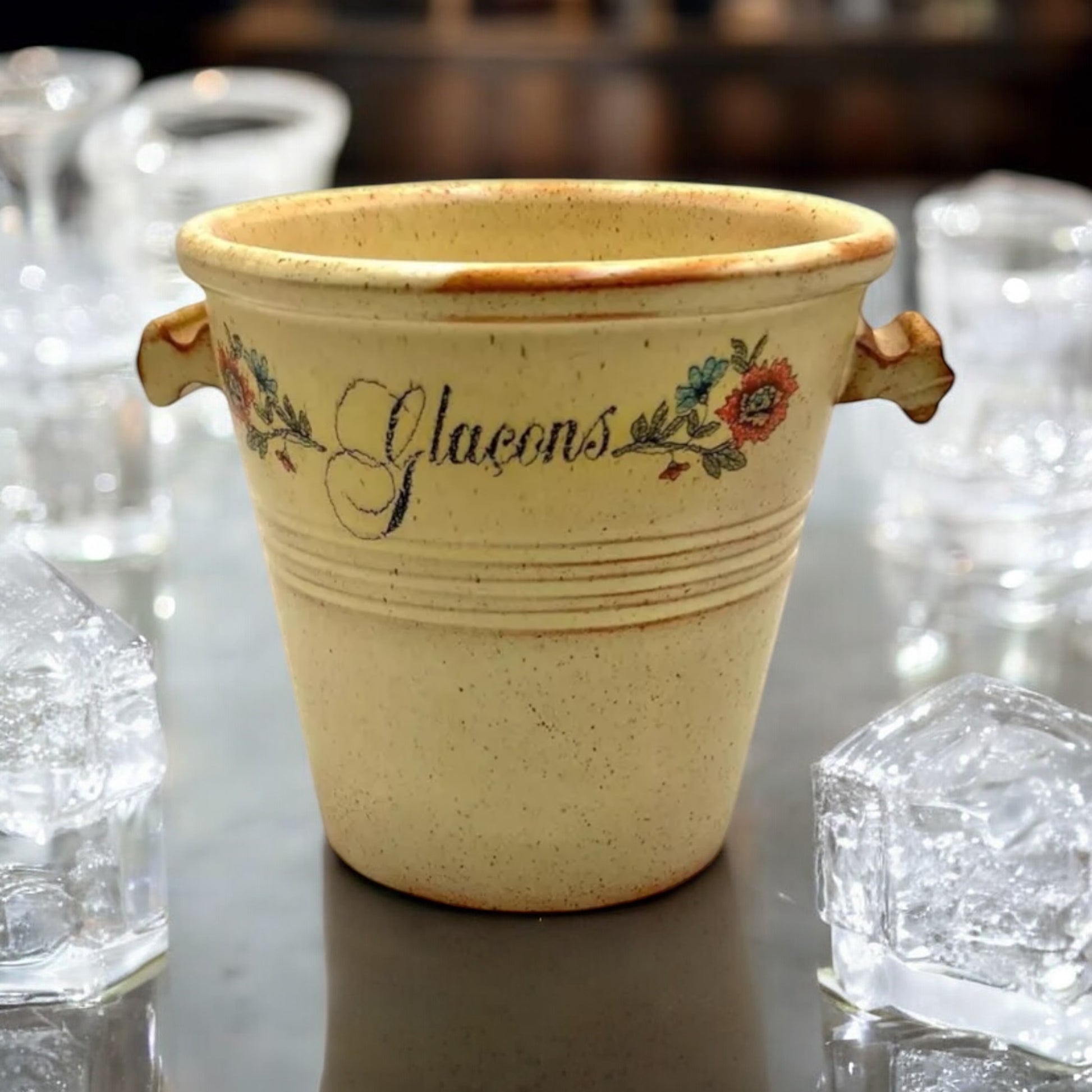 Vintage French ceramic ice bucket with Glacons inscribed on the front 