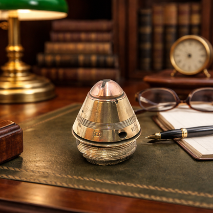 Vintage desk with brass lampshade, books, glasses, and pen and a WW1 fuse.
