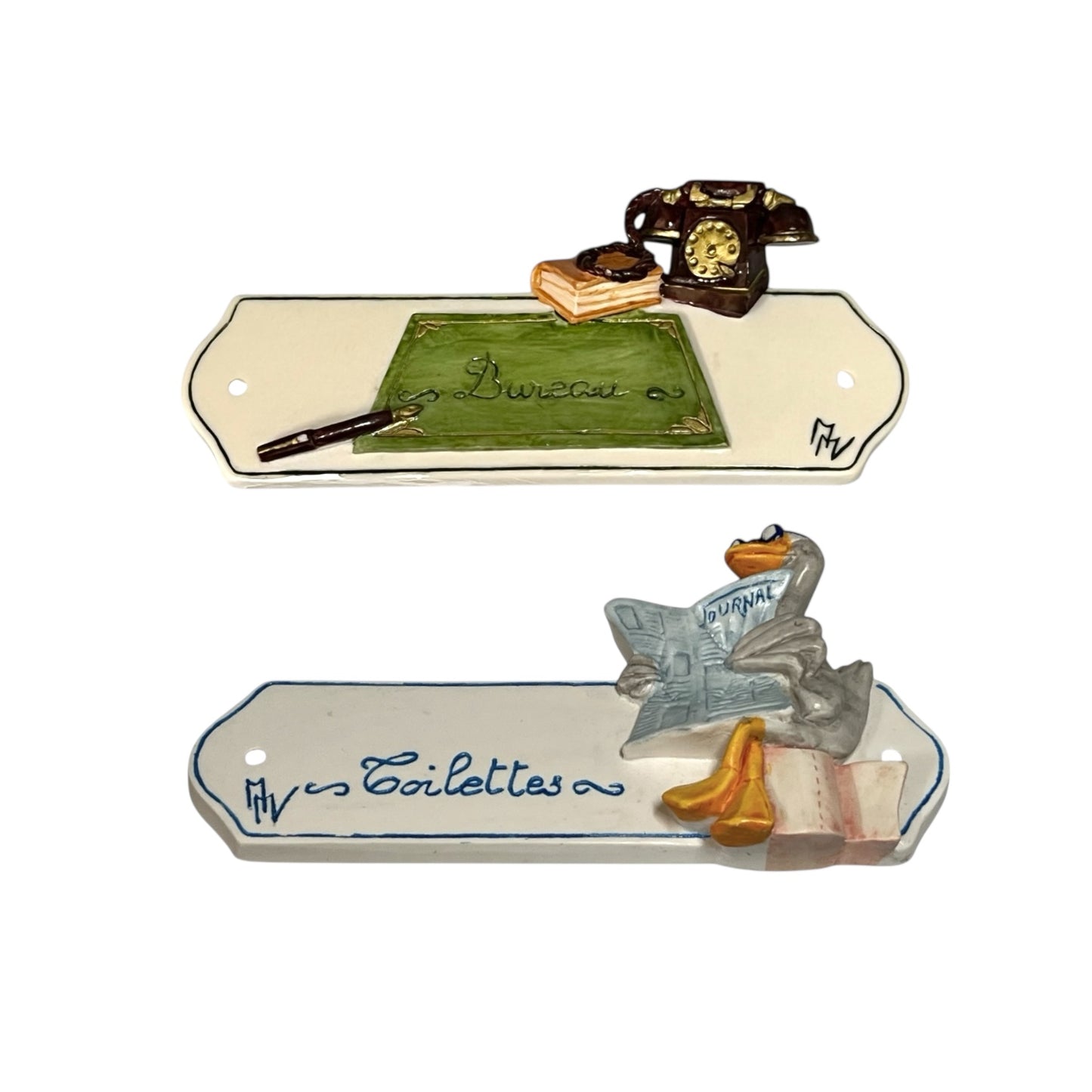 Decorative door signs with a desk scene and 'Toilettes' sign on a white background