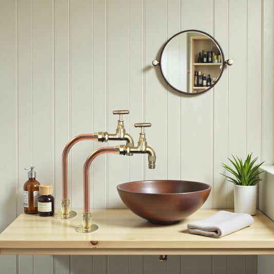 Bathroom setup with copper faucet and sink against a light wooden panel wall.