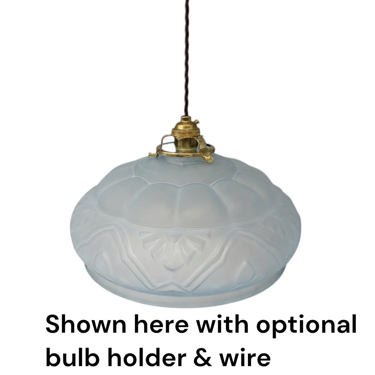 Vintage French Frosted Pale Blue Glass Pendant Light Shade with Original Brass Gallery