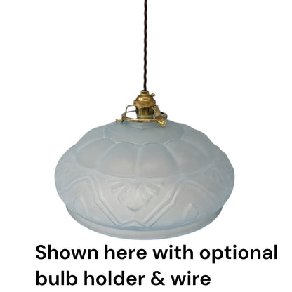 Vintage French Frosted Pale Blue Glass Pendant Light Shade with Original Brass Gallery