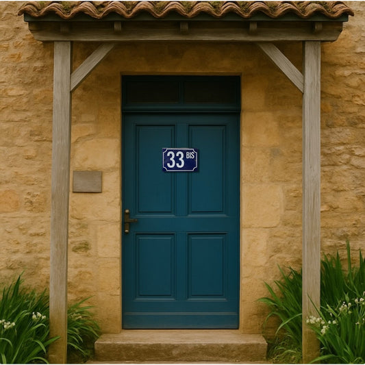 French vintage blue and white door number 33 on a blue door on a stone house