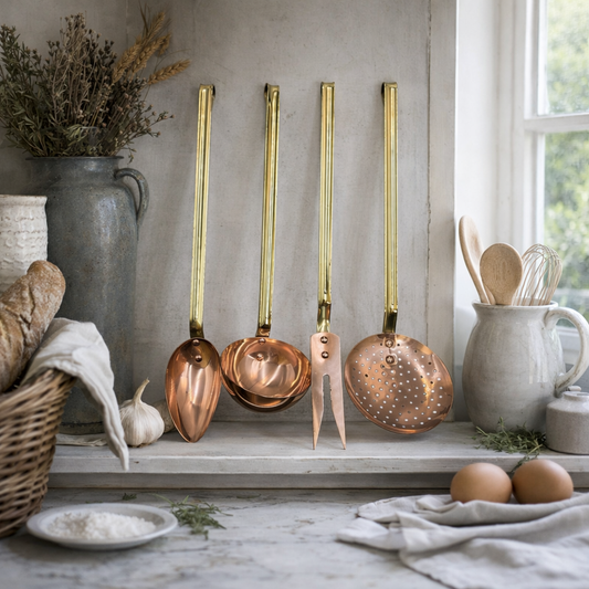 Set of copper kitchen utensils with gold handles on a wooden surface with a rustic background.