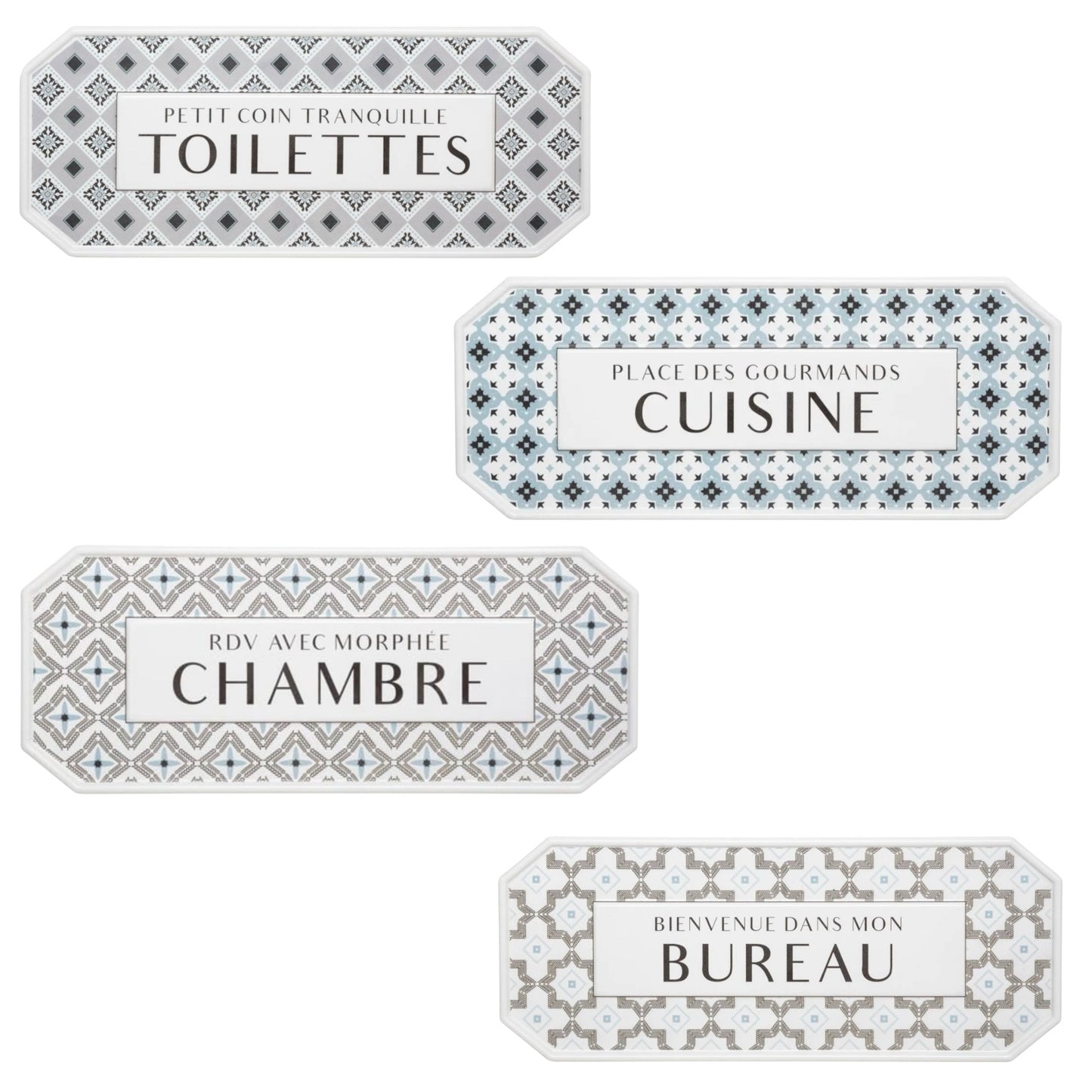 Set of decorative wall plaques with French text and geometric patterns on a white background