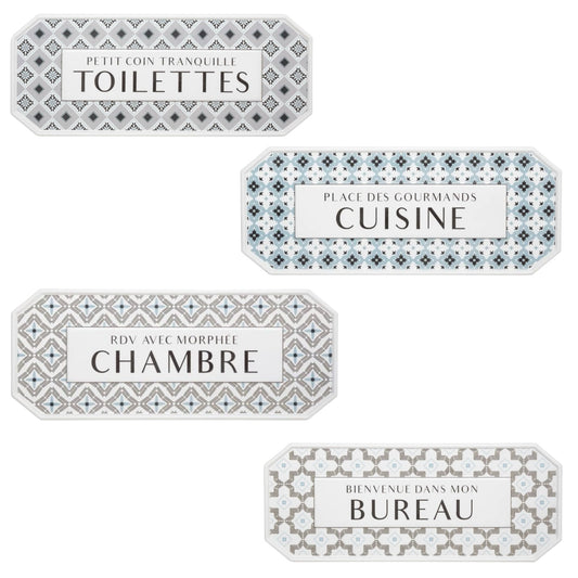 Set of decorative wall plaques with French text and geometric patterns on a white background